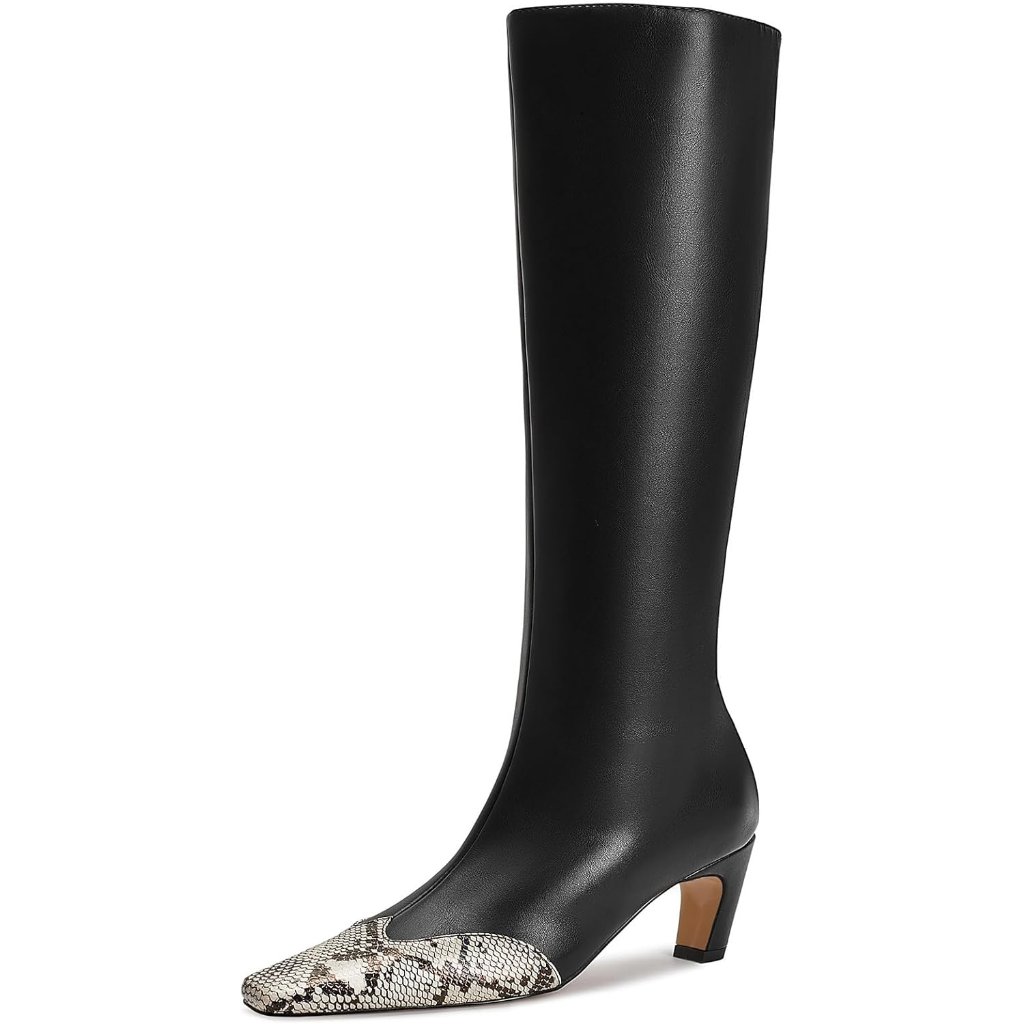 Women's Black Snakeskin Knee High Boots Kitten Heel Tall Boots Square Toe